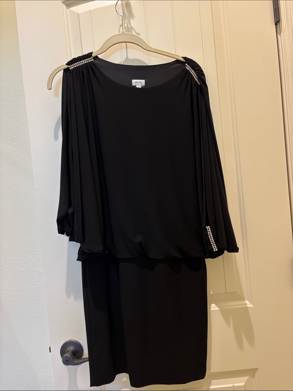 Onyx Nite Black Long-Sleeve Evening Dress with Rhinestone Accents